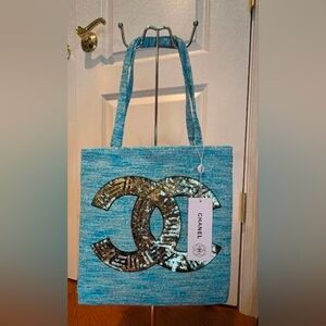 Chanel GWP Turquoise and Gold Sequin Tote Bag